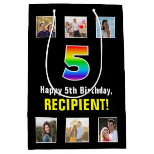 Sac Cadeau Moyen 5e anniversaire : Arc-en-ciel "5", photos et nom p