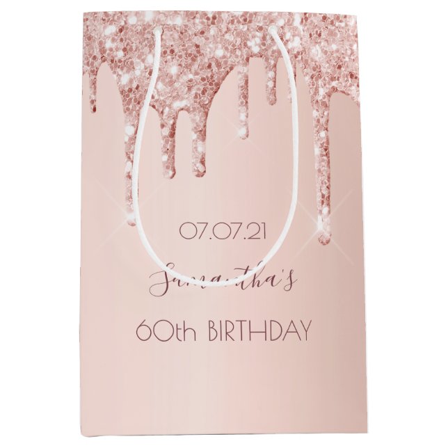 Sac Cadeau Moyen 60e anniversaire 60 rose or parties scintillant no (Devant)