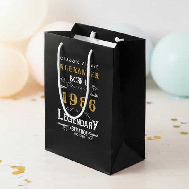 Sac Cadeau Moyen 60th Birthday 1966 Add Name Legend Black Gold (Born 1966 birthday gift bag. Background out of focus.)