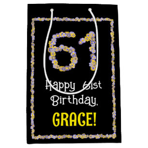 Sac Cadeau Moyen 61e anniversaire : Floral Flowers Numéro, Nom pers