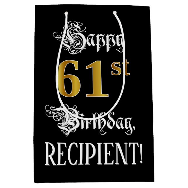 Sac Cadeau Moyen 61e anniversaire ~ Script fantaisie; Faux Gold Loo (Devant)