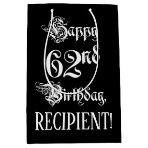 Sac Cadeau Moyen 62e anniversaire : Fancy, Elegant Script + Nom per