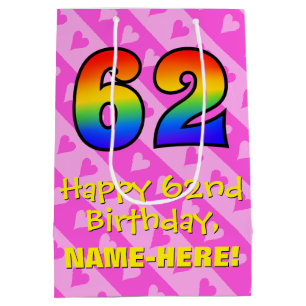 Sac Cadeau Moyen 62e anniversaire : Fun Pink Hearts Stripes; Rainbo