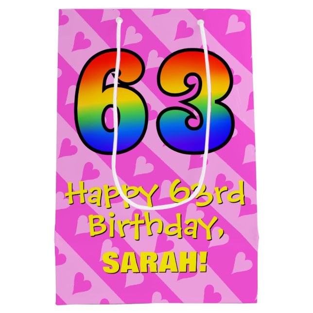 Sac Cadeau Moyen 63e anniversaire : Fun Pink Hearts Stripes; Rainbo (Dos)
