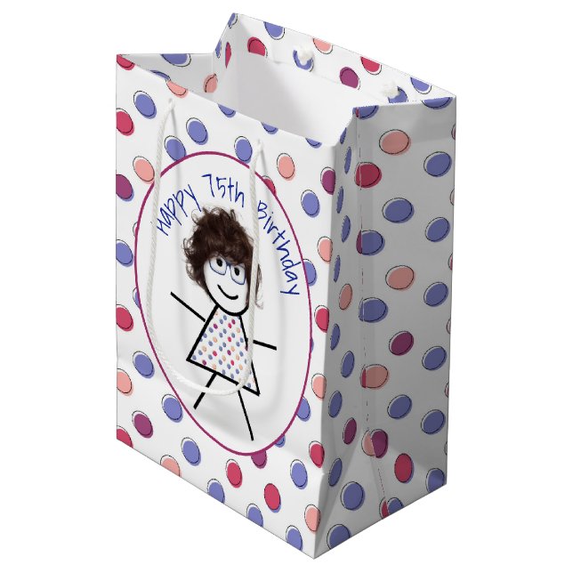 Sac Cadeau Moyen 65e Anniversaire Stick Girl sur Pois Medium Gi (Devant Angle)