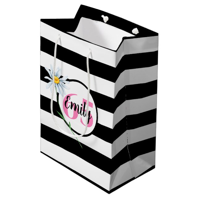 Sac Cadeau Moyen 65e anniversaire Stripes noir et blanc (Devant Angle)