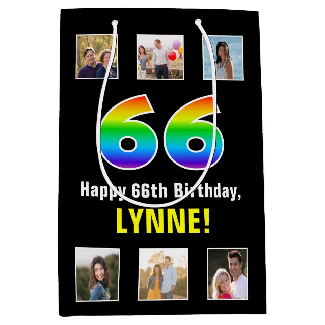 Sac Cadeau Moyen 66e anniversaire : Arc-en-ciel "66", photos person (Devant)