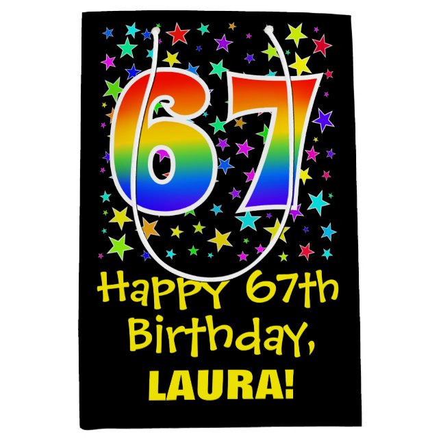 Sac Cadeau Moyen 67e anniversaire : Colorful Stars Motif & Rainbow  (Devant)