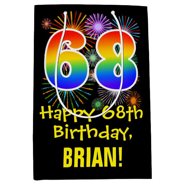 Sac Cadeau Moyen 68e anniversaire : Fun Fireworks Motif + Rainbow 6 (Devant)