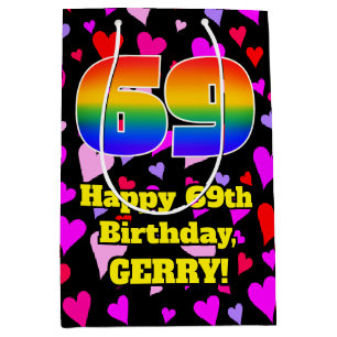 Sac Cadeau Moyen 69e anniversaire : Amour Hearts Motif, Arc-en-ciel