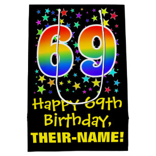 Sac Cadeau Moyen 69e anniversaire : Colorful Stars Motif & Rainbow 