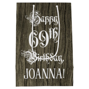 Sac Cadeau Moyen 69e anniversaire : fantaisie, Faux Wood Look + Nom