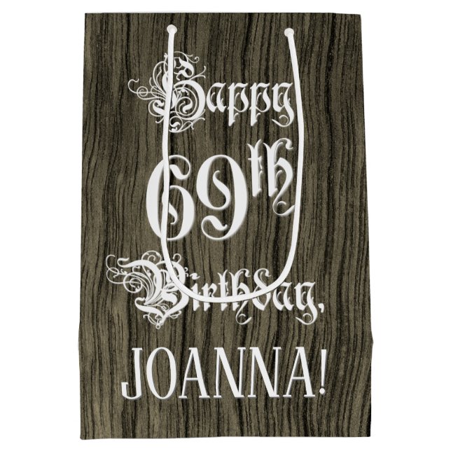 Sac Cadeau Moyen 69e anniversaire : fantaisie, Faux Wood Look + Nom (Dos)