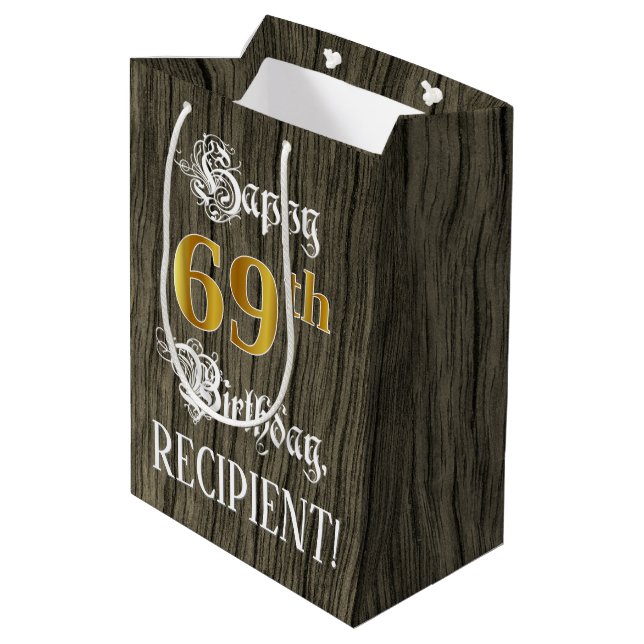 Sac Cadeau Moyen 69e anniversaire : Faux Gold Look & Faux Wood Moti (Dos Angle)