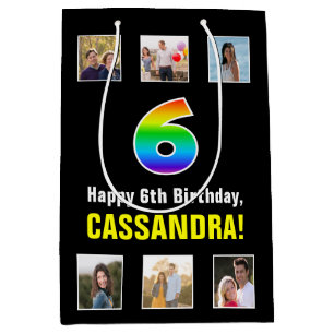 Sac Cadeau Moyen 6e anniversaire : Arc-en-ciel "6", photos et nom p