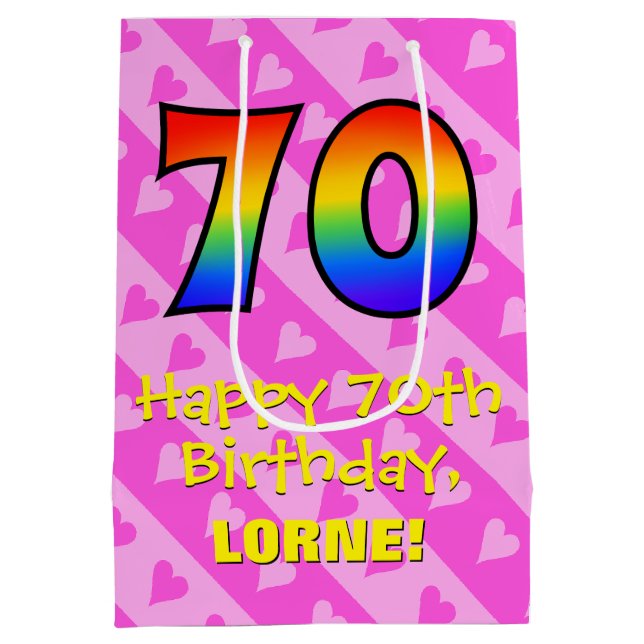 Sac Cadeau Moyen 70e anniversaire : Amusants Coeurs roses Stripes;  (Dos)