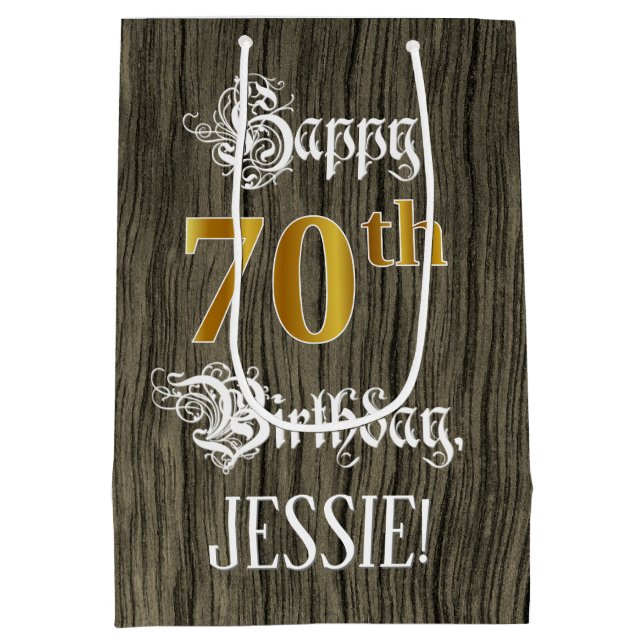 Sac Cadeau Moyen 70e anniversaire : Faux Gold Look & Faux Wood Moti (Dos)