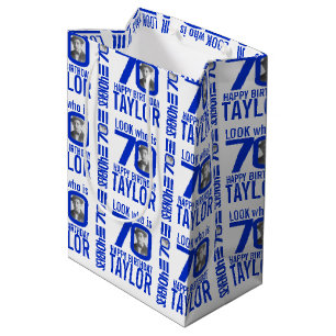 Sac Cadeau Moyen 70e anniversaire look bleu 70 nom photo personnali