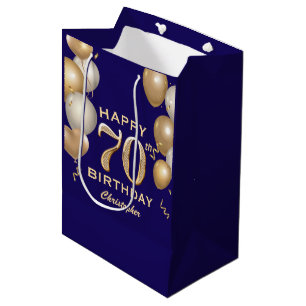 Sac Cadeau Moyen 70e Anniversaire Marine Bleu et Ballons d'or