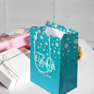 Sac Cadeau Moyen 70e anniversaire turquoise bleu vert nom diamants