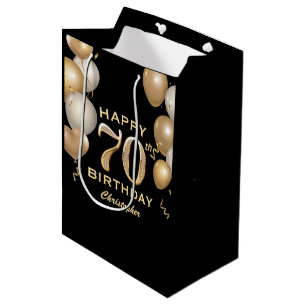 Sac Cadeau Moyen 70e fête d'anniversaire Ballons noirs et or