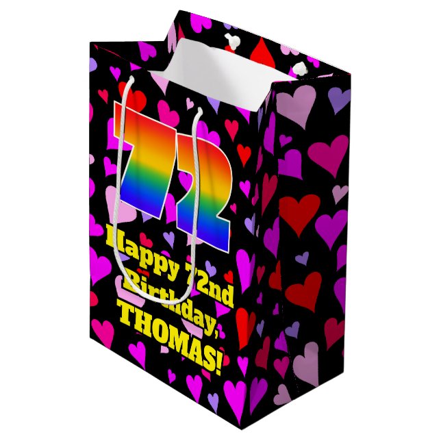 Sac Cadeau Moyen 72e anniversaire : Amour Hearts Motif, Arc-en-ciel (Devant Angle)