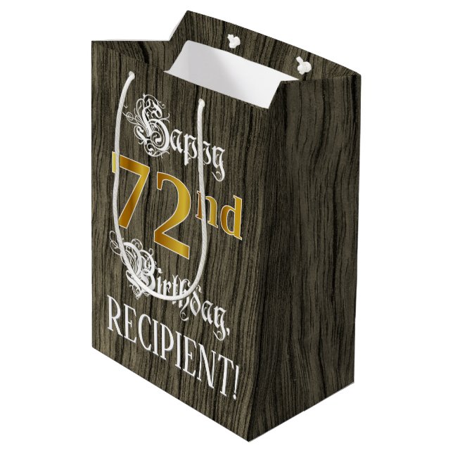 Sac Cadeau Moyen 72e anniversaire : Faux Gold Look & Faux Wood Moti (Dos Angle)