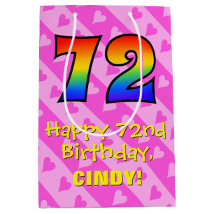 Sac Cadeau Moyen 72e anniversaire : Fun Pink Hearts Stripes; Rainbo