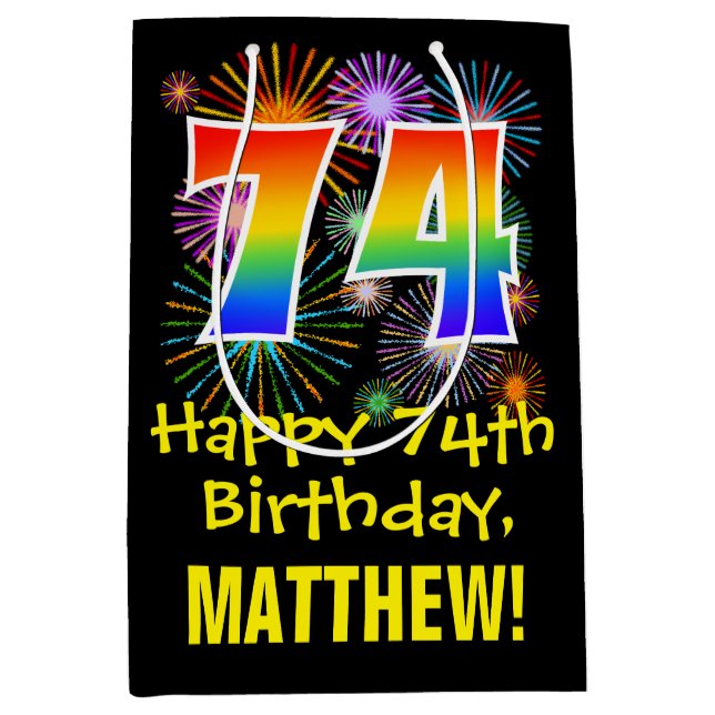 Sac Cadeau Moyen 74e anniversaire : Fun Fireworks Motif + Rainbow 7 (Devant)
