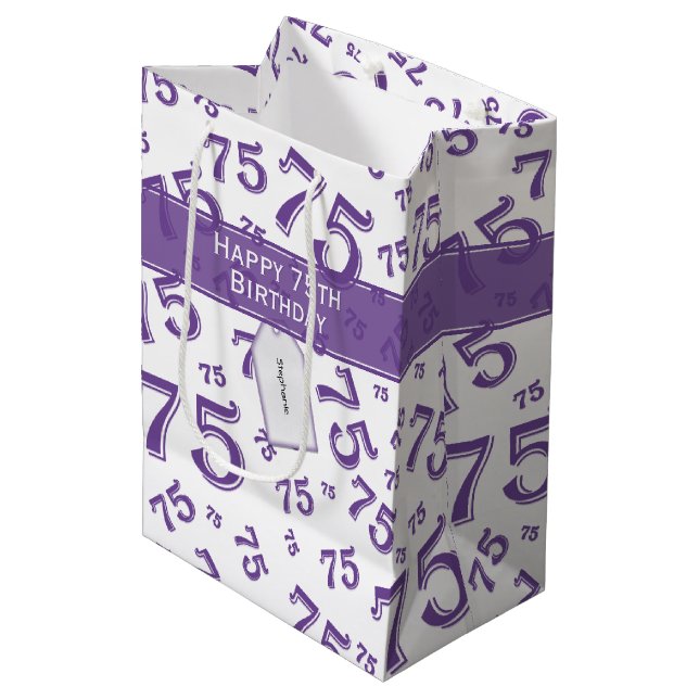 Sac Cadeau Moyen 75e Joyeux anniversaire violet/blanc Motif numériq (Devant Angle)