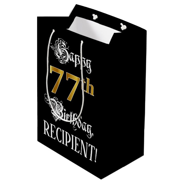 Sac Cadeau Moyen 77e anniversaire ~ Script fantaisie; Faux Gold Loo (Dos Angle)