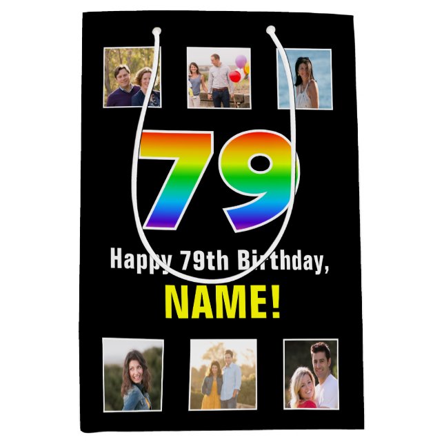 Sac Cadeau Moyen 79e anniversaire : Arc-en-ciel "79", photos person (Devant)