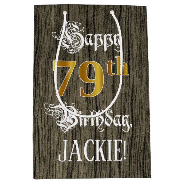 Sac Cadeau Moyen 79e anniversaire : Faux Gold Look & Faux Wood Moti (Devant)