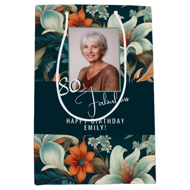 Sac Cadeau Moyen 80 et fabuleux Motif Flower Photo Anniversaire (Devant)