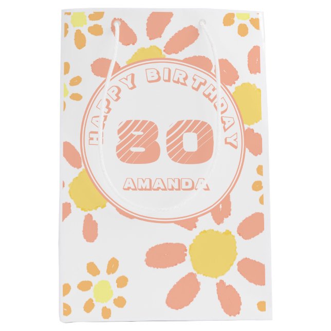 Sac Cadeau Moyen 80e anniversaire aquarelle Fleur motif floral (Devant)