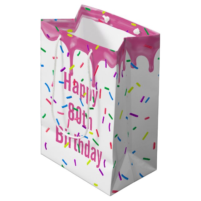 Sac Cadeau Moyen 80e Anniversaire Sprinkles Sur Glace Rose (Devant Angle)