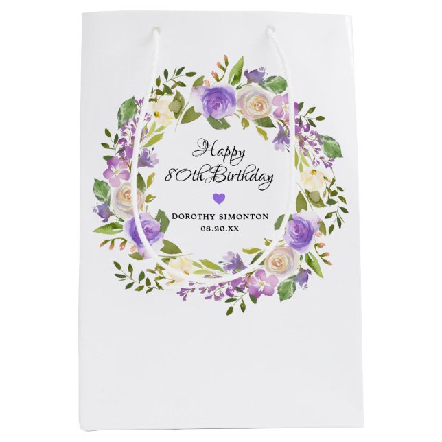 Sac Cadeau Moyen 80e anniversaire violet monogramme floral (Devant)