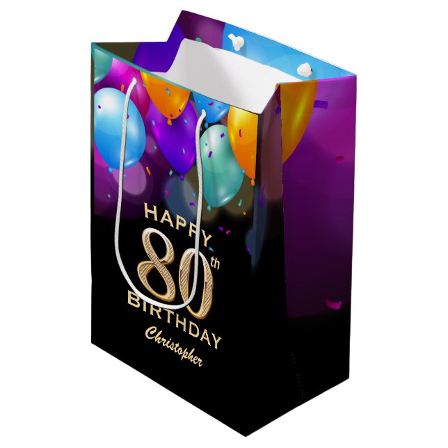 Sac Cadeau Moyen 80e fête d'anniversaire Ballons noirs et or (Devant Angle)
