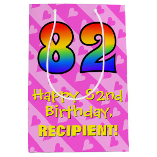 Sac Cadeau Moyen 82e anniversaire : Fun Pink Hearts Stripes; Rainbo