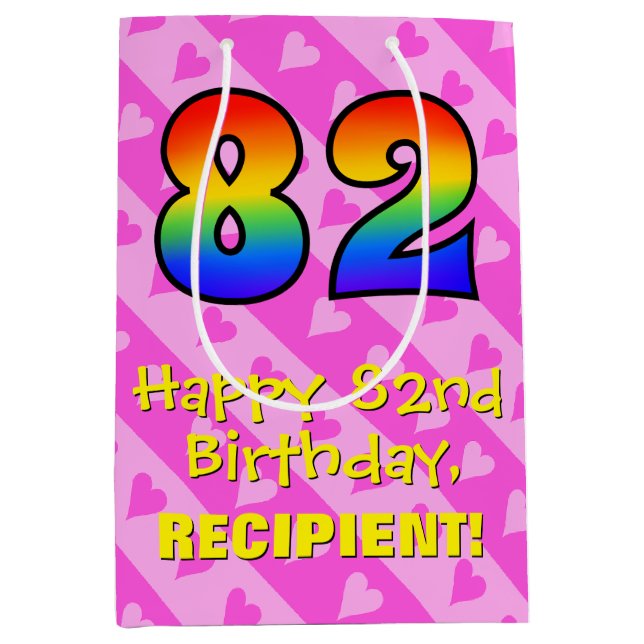 Sac Cadeau Moyen 82e anniversaire : Fun Pink Hearts Stripes; Rainbo (Devant)