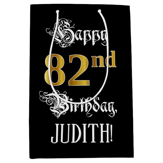 Sac Cadeau Moyen 82e anniversaire ~ Script fantaisie; Faux Gold Loo (Devant)