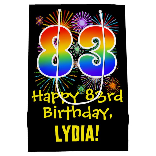 Sac Cadeau Moyen 83ème anniversaire : Fun Fireworks Motif + Rainbow (Dos)