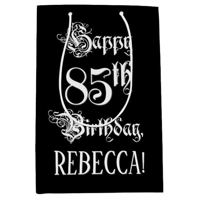 Sac Cadeau Moyen 85e anniversaire : fantaisie, élégant script + Nom (Devant)