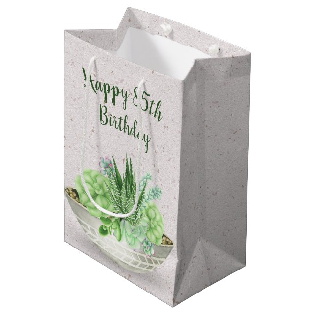 Sac Cadeau Moyen 85ème Anniversaire Succulent Sur Terrazzo (Devant Angle)