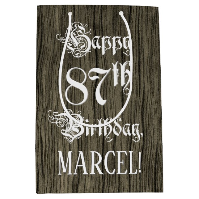 Sac Cadeau Moyen 87ème anniversaire : fantaisie, Faux Wood Look + N (Devant)