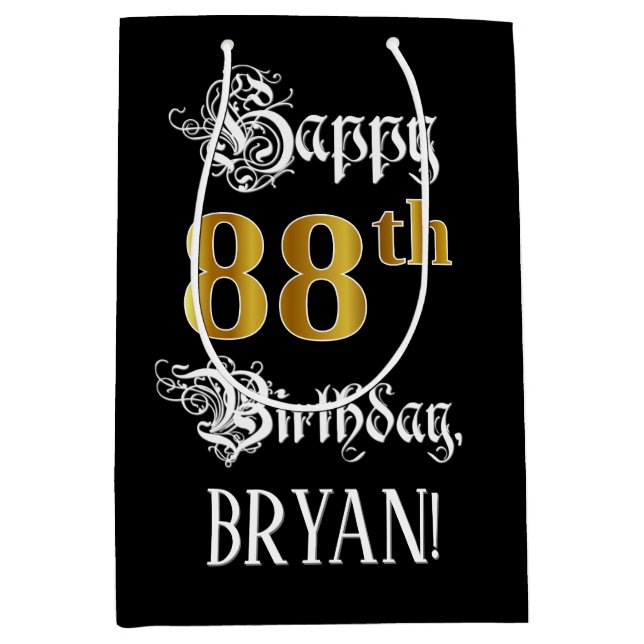 Sac Cadeau Moyen 88e anniversaire ~ Script fantaisie; Faux Gold Loo (Devant)