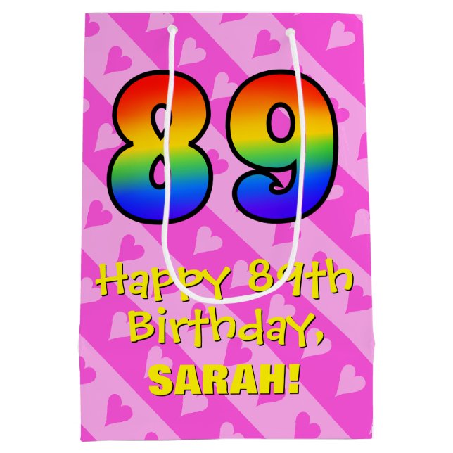 Sac Cadeau Moyen 89e anniversaire : Amusants Coeurs roses Stripes;  (Dos)