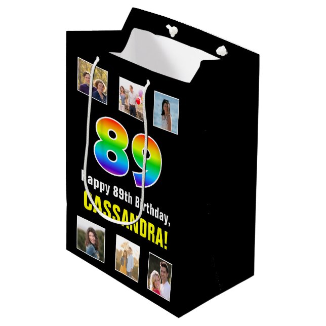 Sac Cadeau Moyen 89e anniversaire : Arc-en-ciel "89", photos person (Devant Angle)
