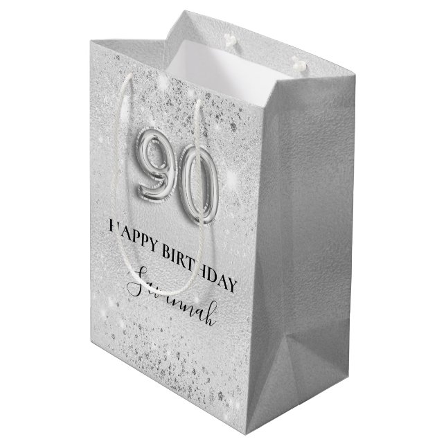 Sac Cadeau Moyen 90e anniversaire argent parties scintillant monogr (Dos Angle)