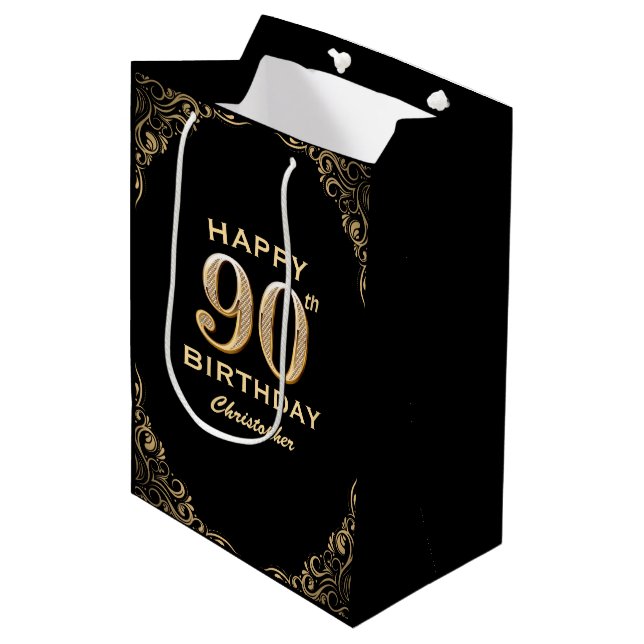 Sac Cadeau Moyen 90e anniversaire de la Parties scintillant Black a (Devant Angle)